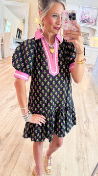 Floral-print Lace Puffed-sleeve Dress