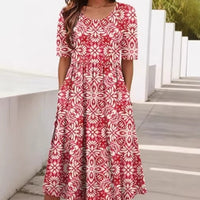 Womens Round-Neck Mid-Waist Printed Swing Dress