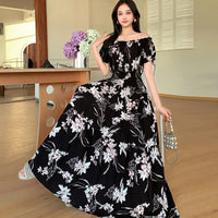 Summer Ethnic-style Elastic-waist Beach Bohemian Shoulder Dress