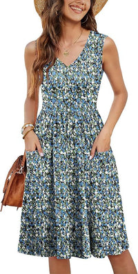 Casual Womens Holiday Floral V-Neck Pocket Dress