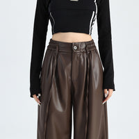 Retro Coffee Color Leather Pants Women's PU Pleated Straight Wide-leg Pants