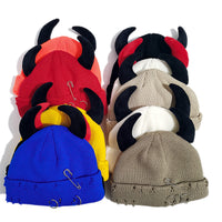 Knitted Wool Hat With Hole-decorated Gourd-shaped Devil-ear Pins