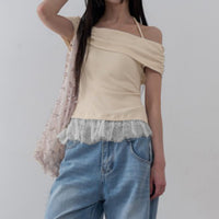 Neck-strap Lace-spliced Hem Off-shoulder Slim-fit T-shirt Top