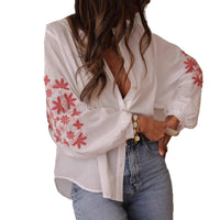 Women's Embroidered Long-sleeve Blouse, Loose-fitting Top