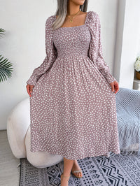 Women Square Neck Long Sleeve Vacation Rayon Pleated Maxi Dress