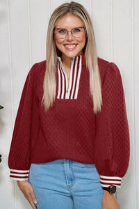 Racing Red Diamond-Texture Striped Patchwork Zip-Neck Pullover Sweater