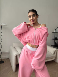 Womens Casual Set Long-sleeve Zip-up Cardigan Hoodie