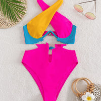 Contrast Splicing One-piece Neck Matching Swimsuit