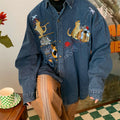 Women's Cat Embroidered Retro Denim Shirt Coat