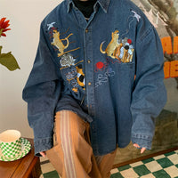 Women's Cat Embroidered Retro Denim Shirt Coat