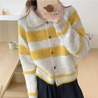 Women's Retro Contrast Color Striped Lapel Sweater Cardigan Coat