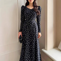 Womens Polka-Dot Fashionable Slimming Long-Sleeve Dress