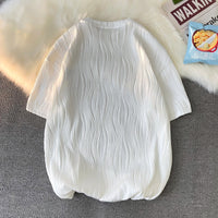 Ice Silk Short Sleeve Men's Towel Embroidery Couple Pleated Striped T-shirt