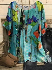 Pattern Printed Loose Short Sleeve Round Neck Shirt