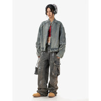 Retro Short Frayed Hem Denim Jacket Women's Stand Collar Loose Design Patchwork Top