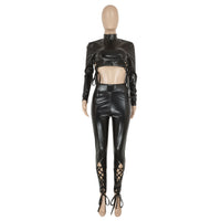 Sexy Slim-fit Lace Up Short Top Leather Pants Suit