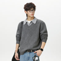 Old-money-style Faux Two-piece V-neck Polo Knit Sweater Jacket