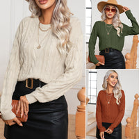 Womens Retro Cable-Knit Long-Sleeve Knitted Pullover Sweater