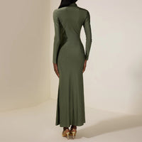 Womens High-neck Green Pleated Sheath Long-sleeve Dress