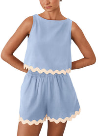 Summer Two-Piece Set Linen Lace-trimmed Crew-neck Tank Top And Short Pants