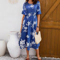 Fashionable Cinched Waist Round Neck Short-sleeve Printed Dress