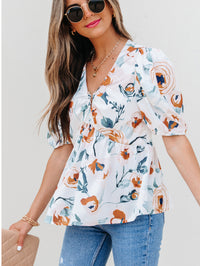 Green Floral Print Puff Sleeve V Neck Babydoll Blouse