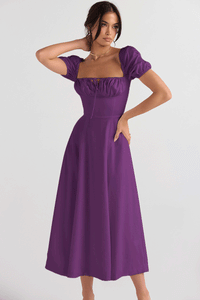 Womens Slimming Elegant Puff-Sleeve Lace-Up Short-Sleeve Dress