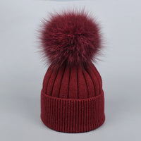 Fox Fur Warm Winter Hat With Ball For Women Child Girl Wool Thick Knitted