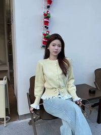 Womens Solid-Color Defined-Waistline Lace-Patchwork Sweater