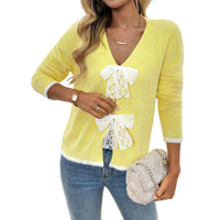 European And American Color Matching V-neck Bow Cardigan Sweater Coat Women's Clothing