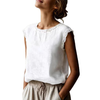 Loose Solid-Color Crew-Neck Lace Sleeveless Cotton-Linen Shirt