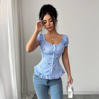 Elegant Figure-flattering Shirt With A Waist-cinching Design Floral Print And Puff Sleeves
