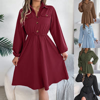 Womens Casual Buttoned Lace-Up Waist-Cinching Long-Sleeve Dress