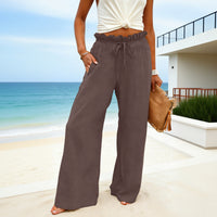 Solid-color Drawstring-pocket Womens Casual Wide-leg Pants