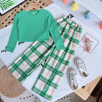 Fashion Girls Top Plaid Wide Leg Pants Set