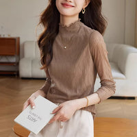 Textured Lace Base Layer Top Fashionable Fringed Mock Turtleneck Trendy Long-sleeve T-shirt For Layering