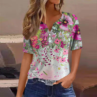 Women's Striped Gradient Flower Print Three-button V-neck Short Sleeve