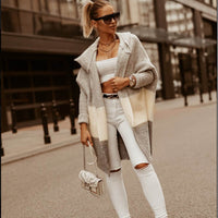 Color Matching Hooded Knit Cardigan Coat Women's Long Sleeve
