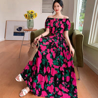 Summer Ethnic-style Elastic-waist Beach Bohemian Shoulder Dress
