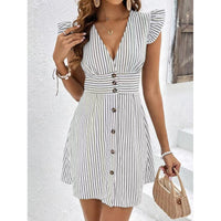 Women's Elegant Striped V-Neck Dress With Puff Sleeves