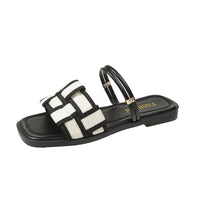 Square Toe Sandals Women's Canvas Check Pattern Flat Sandals