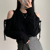 Round Neck Hollow Out Shoulder-baring Lace-up Loose All-match Long-sleeved Sweater Sweater