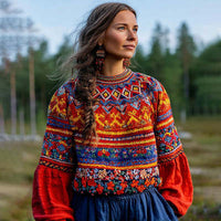 Womens Printed Crew-Neck Sweatshirt In A Sweater-Look Style