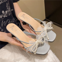 Sweet Bow Thin Heeled Slippers, Square Toe High Heels, Fashion Women's Shoes