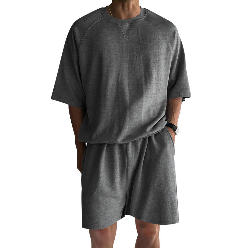 Men's Terry Casual Round Neck Sports Shorts Short Sleeve Two-piece Set