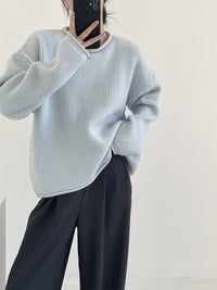 Solid-color Ribbed Irregular Knit Pullover Sweater