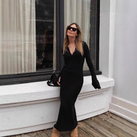 Women's Knitted Long-Sleeve Dress Deep V-Neck Sweater For Export