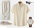 Men's Casual Loose Multi-color Beachwear Cotton And Linen Short Sleeve Suit Two-piece Set