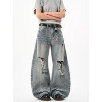 Distressed Ripped Bamboo-pattern Curved Knife High-street Loose Wide-leg Pants For Men And Women