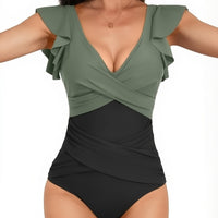 V-neck Lotus Leaf Flying High Waist Backless One Piece Swimsuit